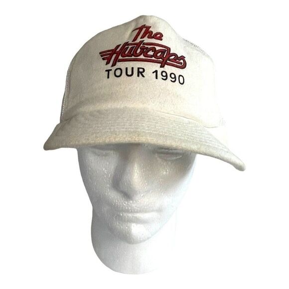 Vintage The Hubcaps Rock Band 1990 Tour Trucker Hat Black Snapback Cap White - Picture 1 of 6